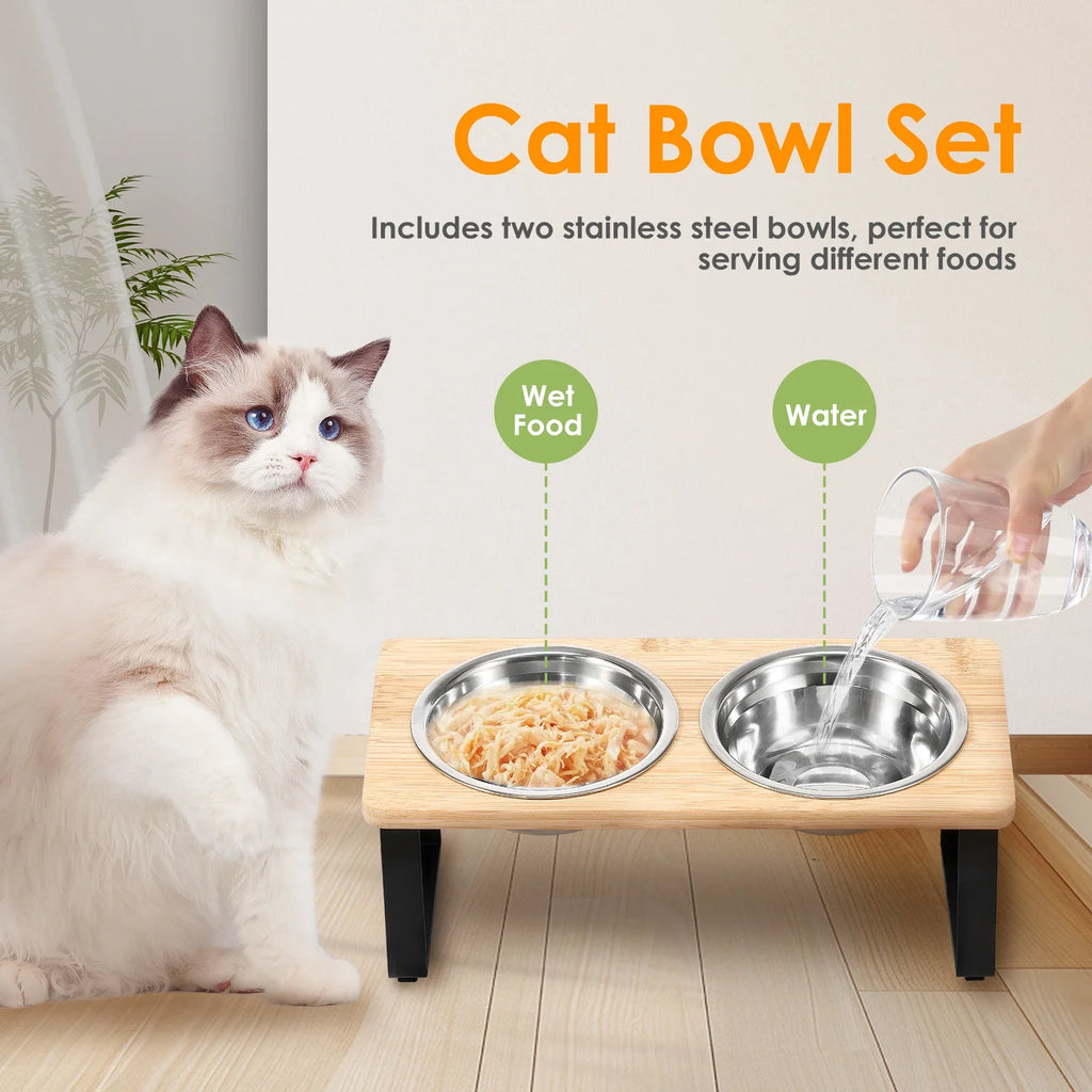 Elevated Cat Bowls Pet Feeder 15° Tilted Raised Cat Food Bowls with Wooden Stand 2 Stainless Steel Bowls for Cats and Puppy