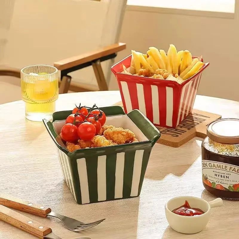 Square Striped Ceramic Bowl, Creative Popcorn Fries Salad Fried Chicken Serving Dish, Home Restaurant Dessert Fruit Mixing Bowl